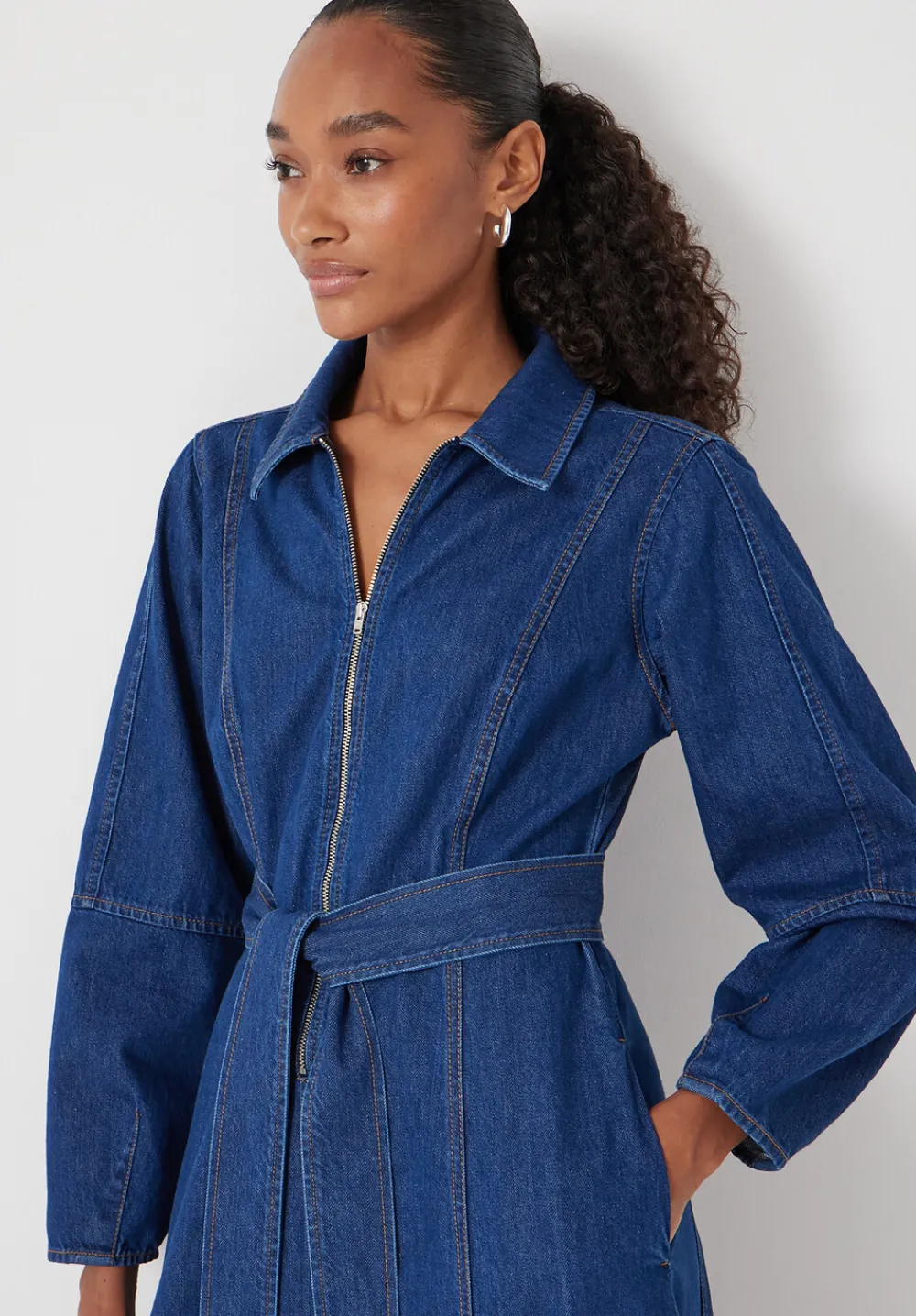 hush Dresses|Long Sleeve Denim Tie Waist Dress Mid Authentic Wash