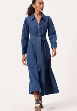 hush Dresses|Long Sleeve Denim Tie Waist Dress Mid Authentic Wash