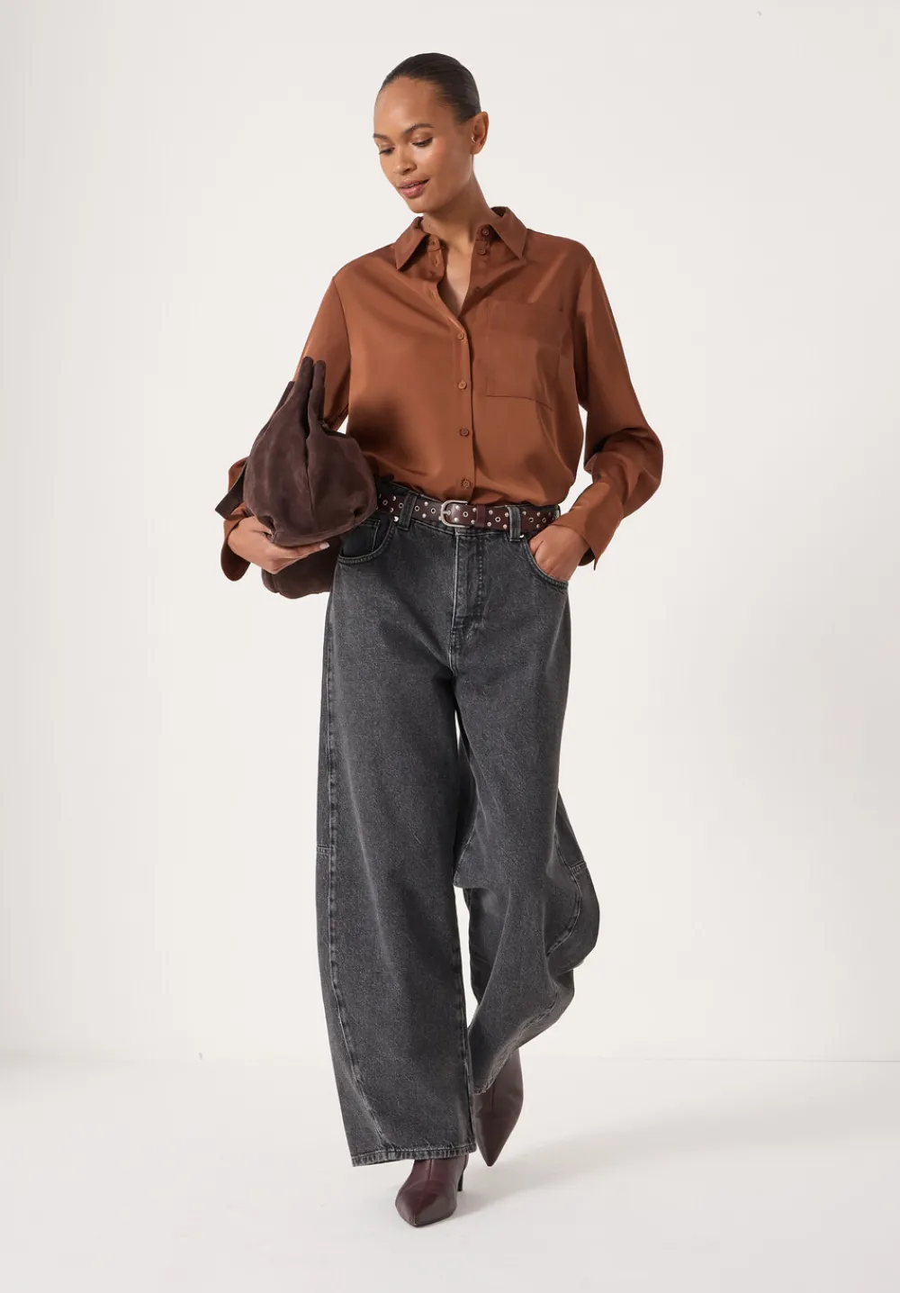 hush Shirts & Blouses|Long Sleeve Satin Shirt Toffee Brown