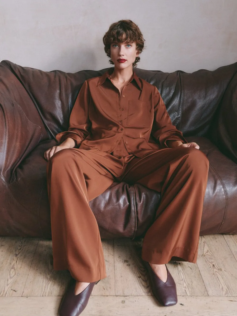 hush Shirts & Blouses|Long Sleeve Satin Shirt Toffee Brown