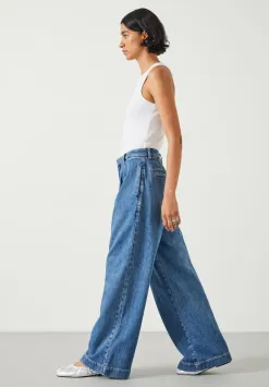 hush Jeans|Lya Pleated Wide Leg Jeans Mid Authentic Blue