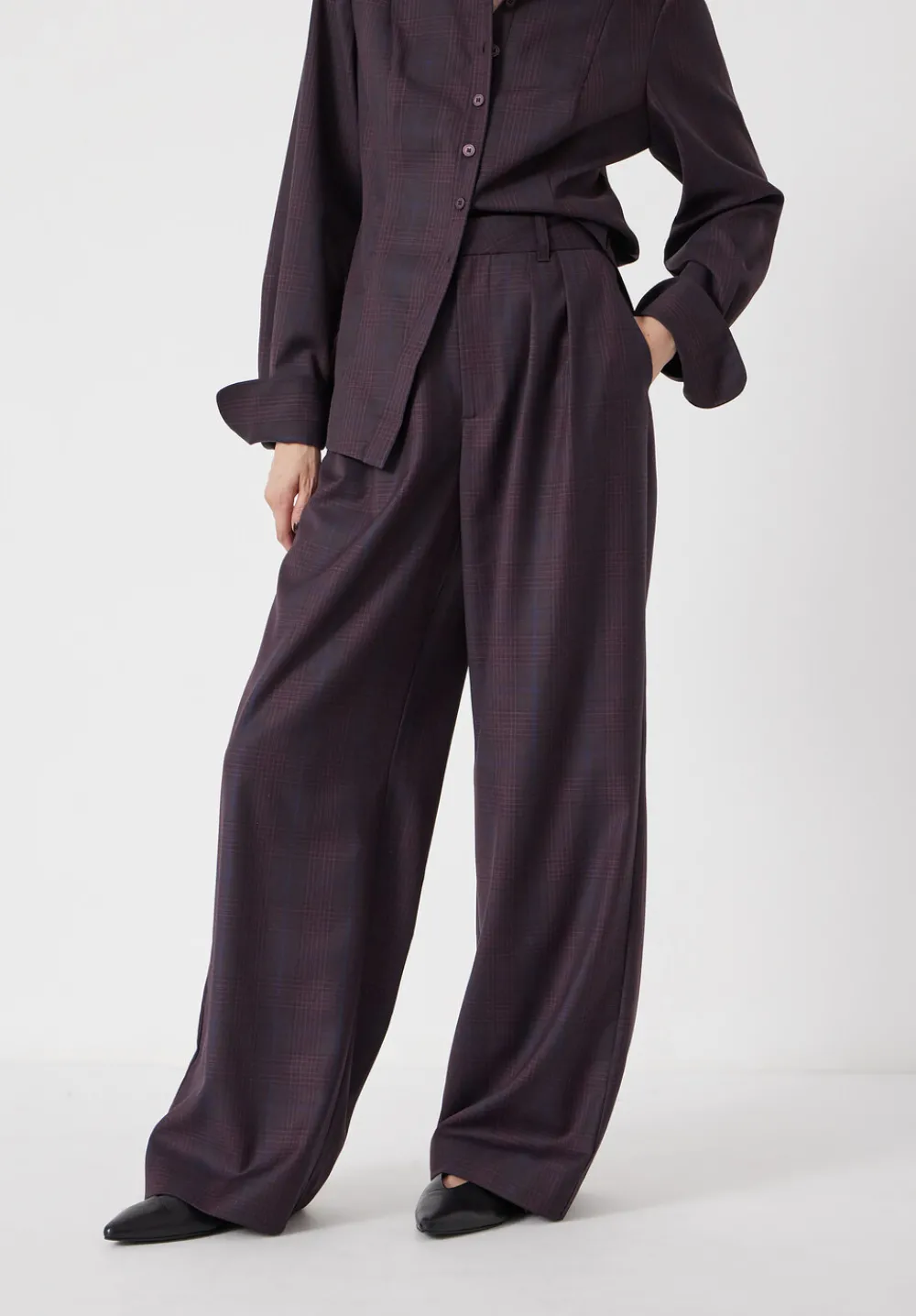 hush Trousers|Lya Wool Blend Wide Leg Check Trousers Burgundy Purple