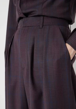 hush Trousers|Lya Wool Blend Wide Leg Check Trousers Burgundy Purple