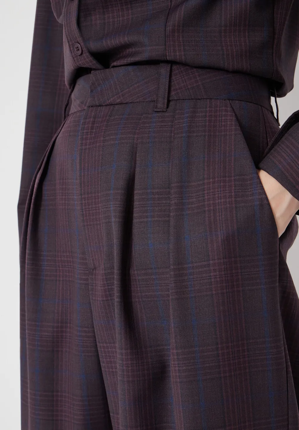 hush Trousers|Lya Wool Blend Wide Leg Check Trousers Burgundy Purple
