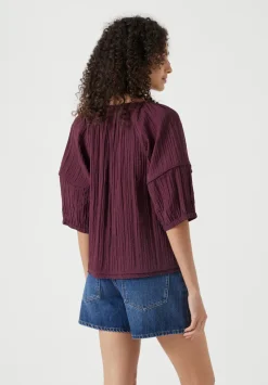 hush Shirts & Blouses|Mae Crinkle Balloon Sleeve Blouse Wine Red