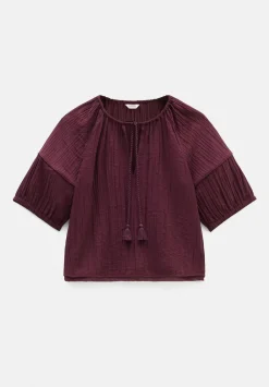 hush Shirts & Blouses|Mae Crinkle Balloon Sleeve Blouse Wine Red