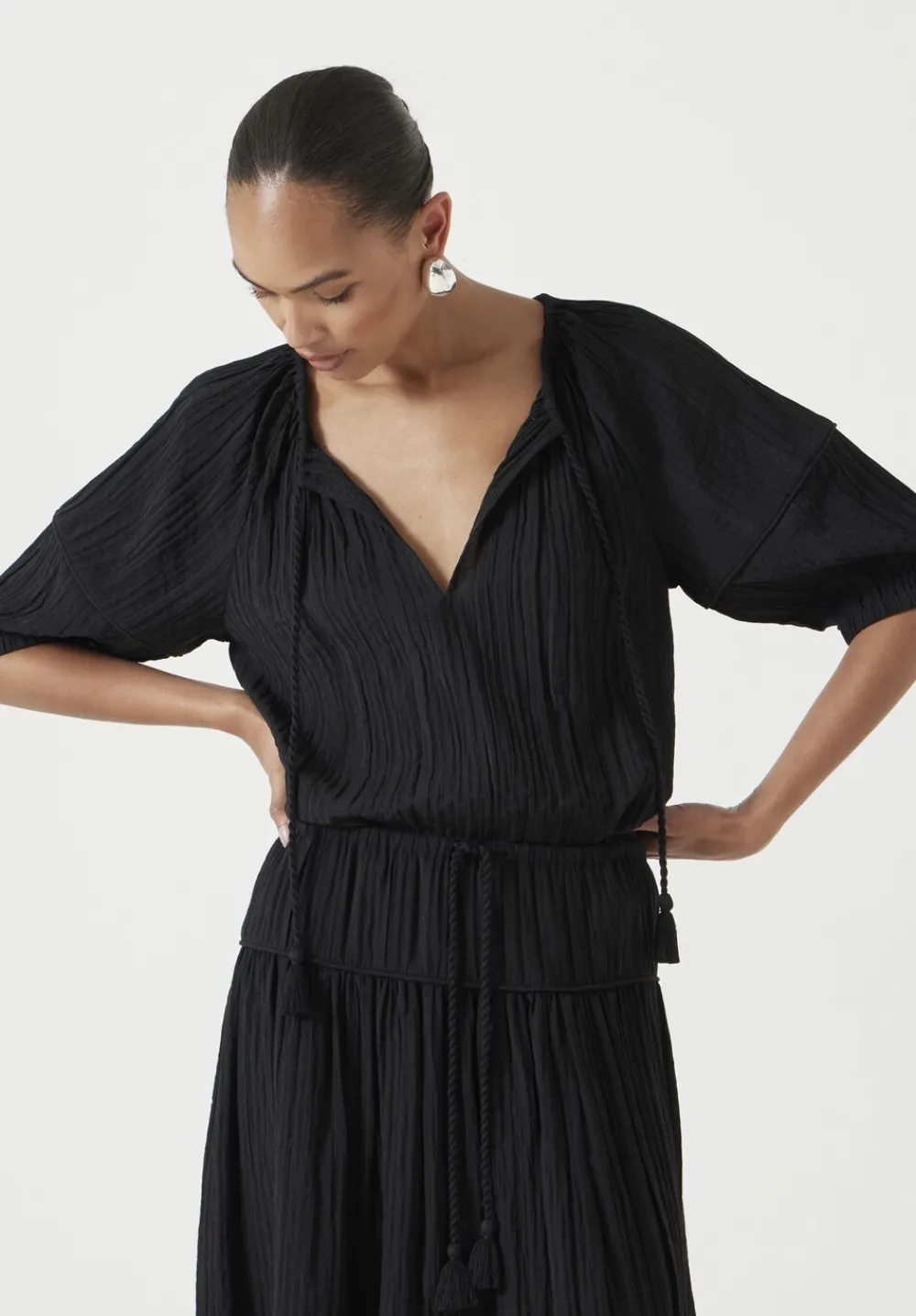 hush Shirts & Blouses|Mae Crinkle Balloon Sleeve Blouse Black