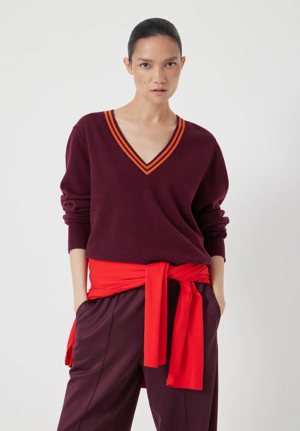 hush Jumpers & Cardigans|Merino Wool V Neck Jumper Burgundy Purple Mix