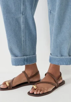 hush Sandals|Flats|Metal Detail Flat Leather Sandals Tan Brown