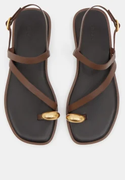hush Sandals|Flats|Metal Detail Flat Leather Sandals Tan Brown