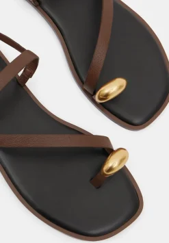 hush Sandals|Flats|Metal Detail Flat Leather Sandals Tan Brown