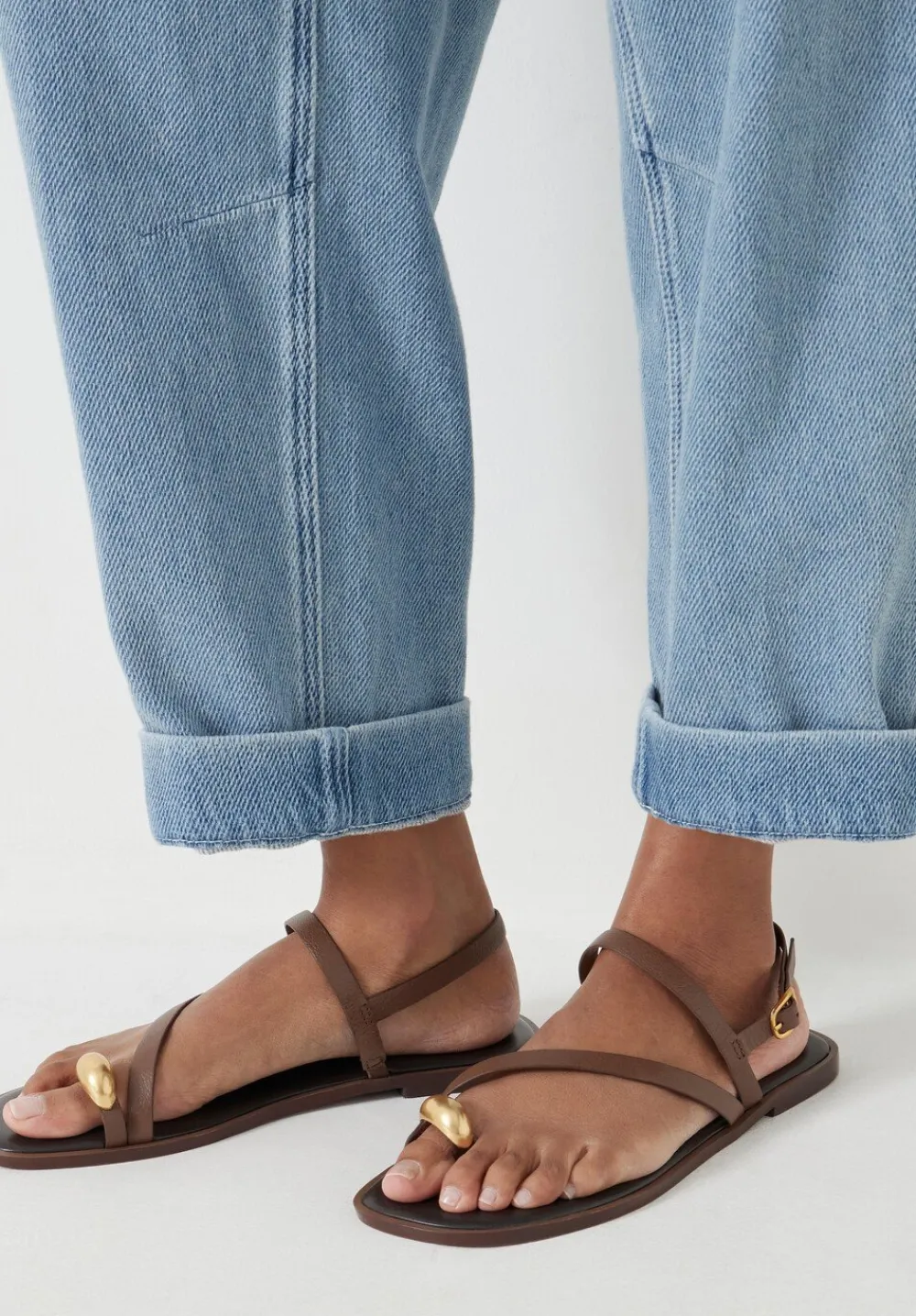 hush Sandals|Flats|Metal Detail Flat Leather Sandals Tan Brown