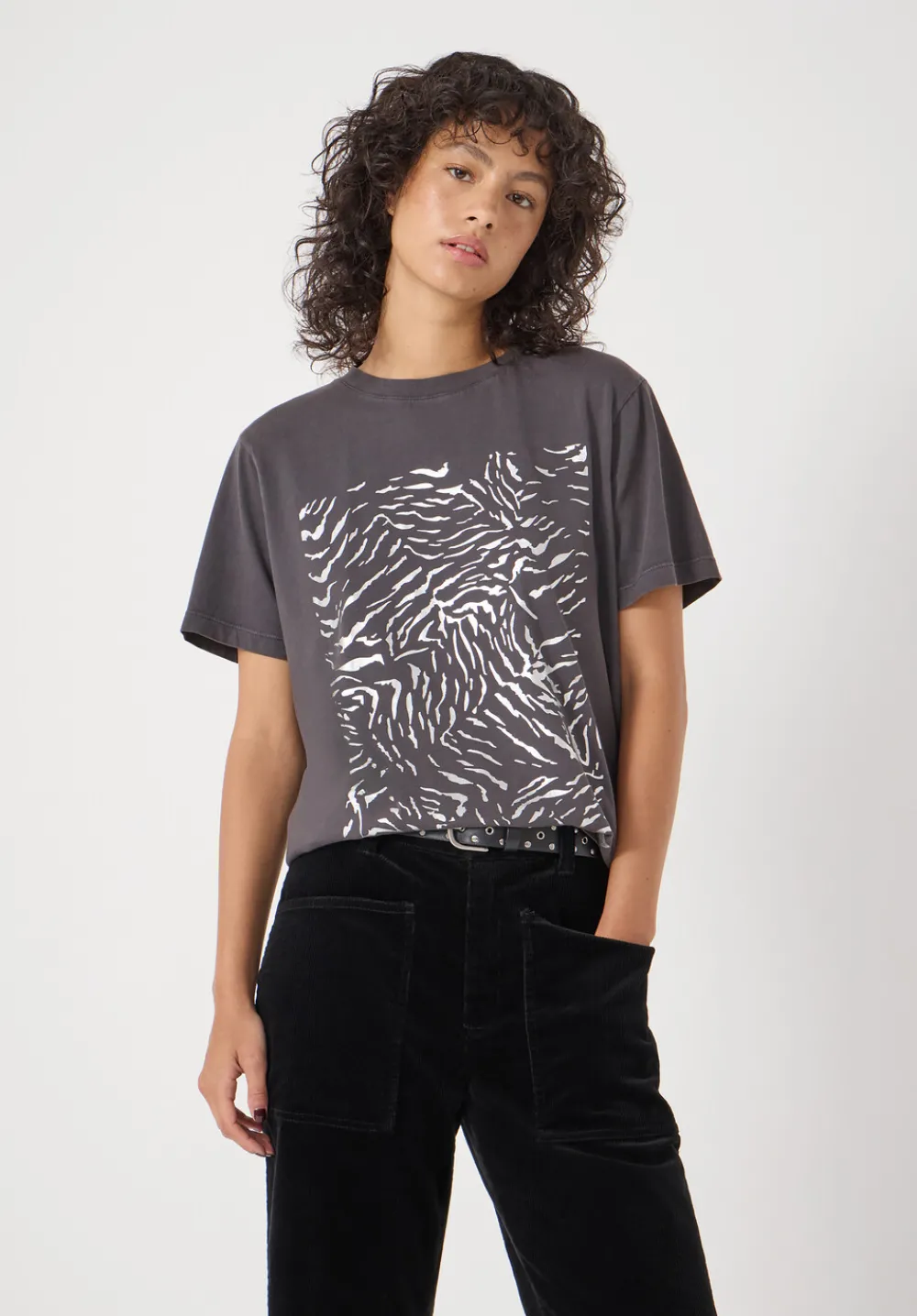 hush Tops & T-Shirts|Metallic Tiger Graphic T-Shirt Charcoal Grey