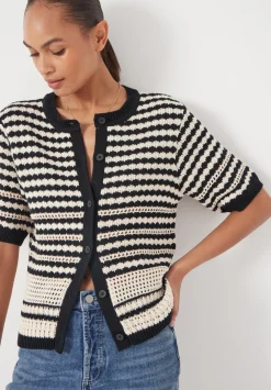 hush Jumpers & Cardigans|Mono Stitch Short Sleeve Cotton Cardigan Off White/Black