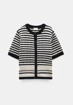 hush Jumpers & Cardigans|Mono Stitch Short Sleeve Cotton Cardigan Off White/Black
