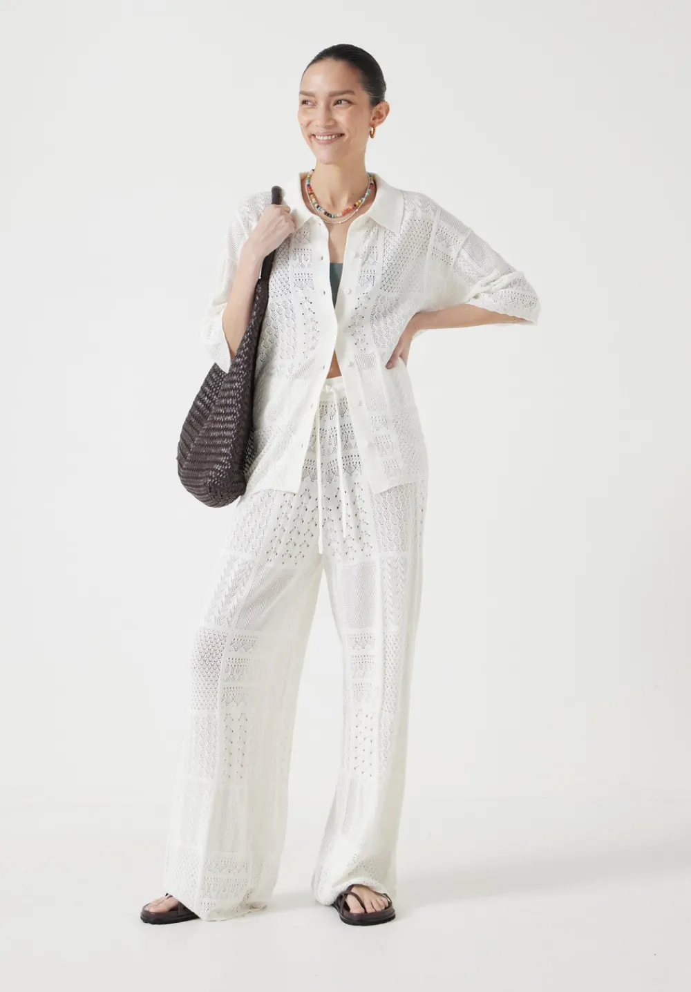 hush Trousers|Patchwork Stitch Knitted Trouser Soft White