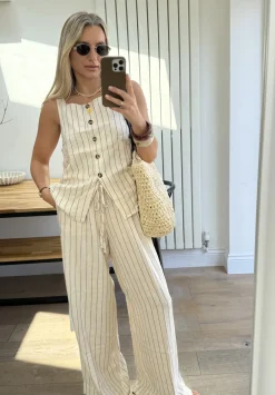 hush Tops & T-Shirts|Phoebe Linen Blend Stripe Waistcoat Ecru Black Stripe