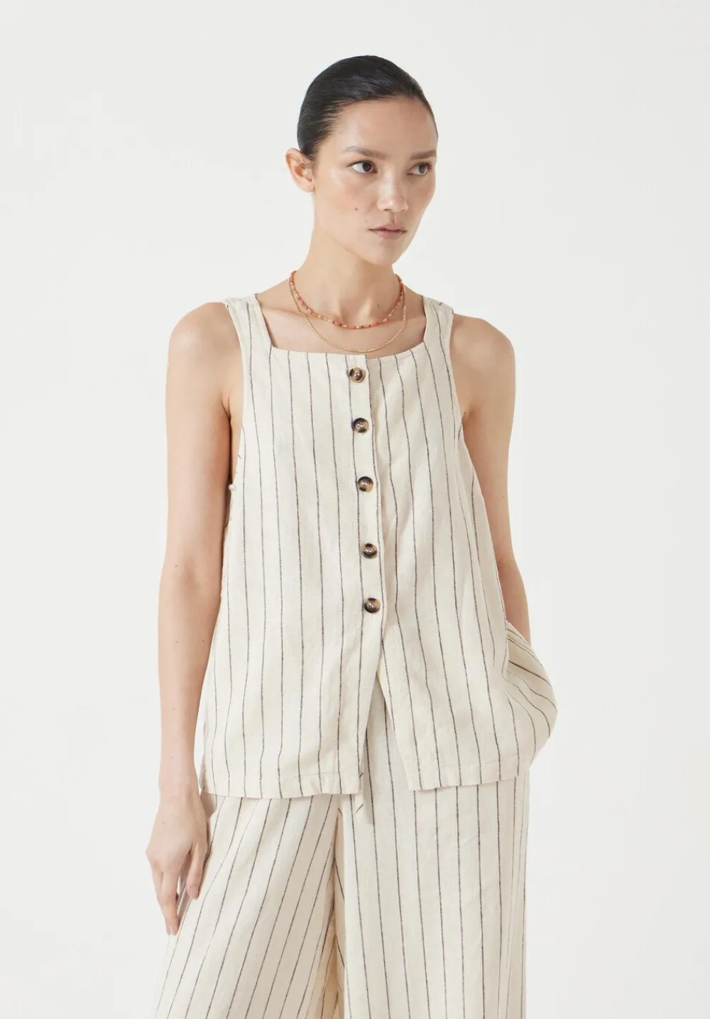 hush Tops & T-Shirts|Phoebe Linen Blend Stripe Waistcoat Ecru Black Stripe