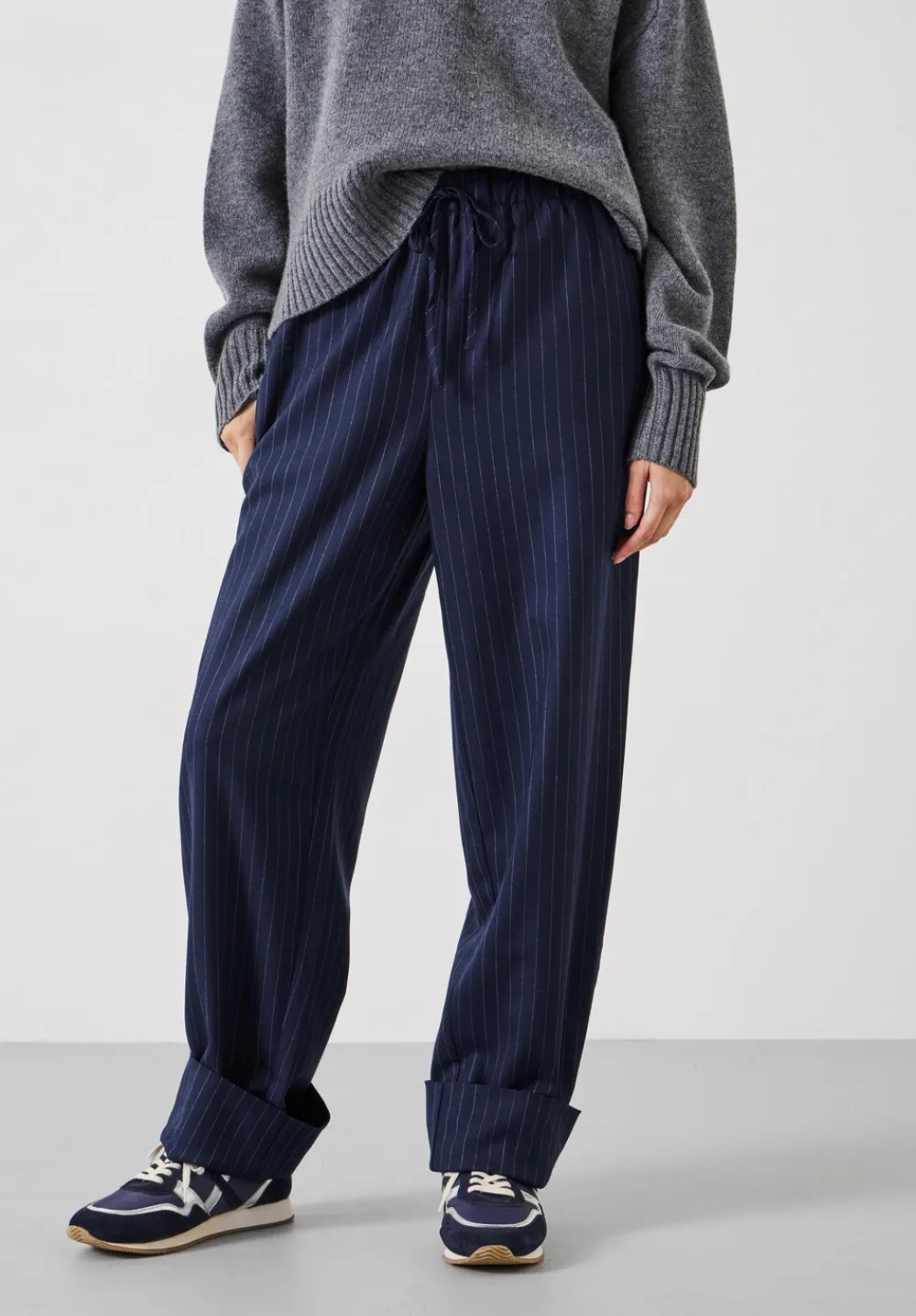 hush Trousers|Pinstripe Wool Blend Trouser Navy