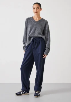 hush Trousers|Pinstripe Wool Blend Trouser Navy