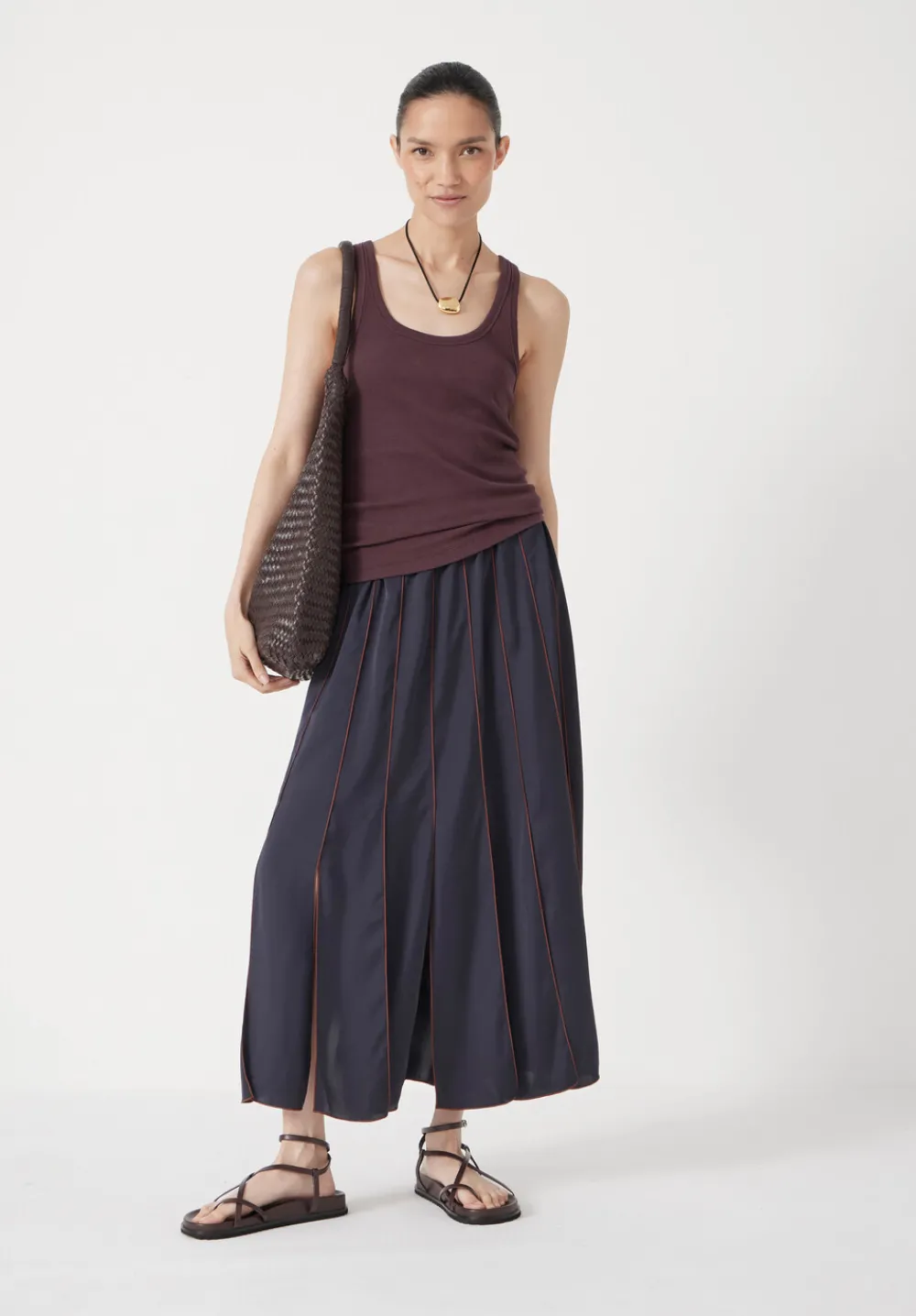 hush Skirts|Pippa Satin Pleated Skirt Dark Navy/Burgundy Brown