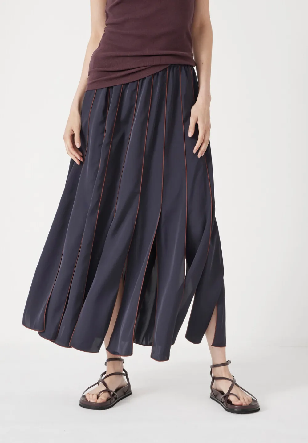 hush Skirts|Pippa Satin Pleated Skirt Dark Navy/Burgundy Brown