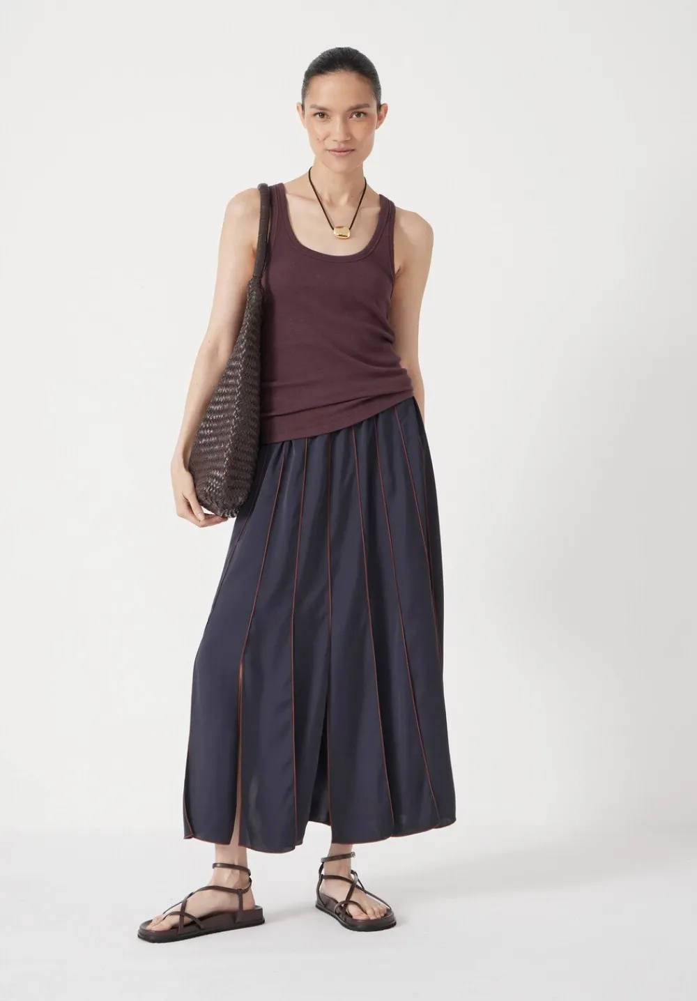 hush Skirts|Pippa Satin Pleated Skirt Dark Navy/Burgundy Brown