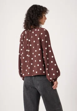hush Shirts & Blouses|Printed Airflow V Neck Blouse Polka Dot Brown