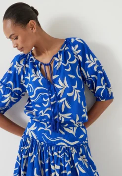 hush Tops & T-Shirts|Shirts & Blouses|Printed Cotton Balloon Sleeve Blouse Abstract Palm Blue