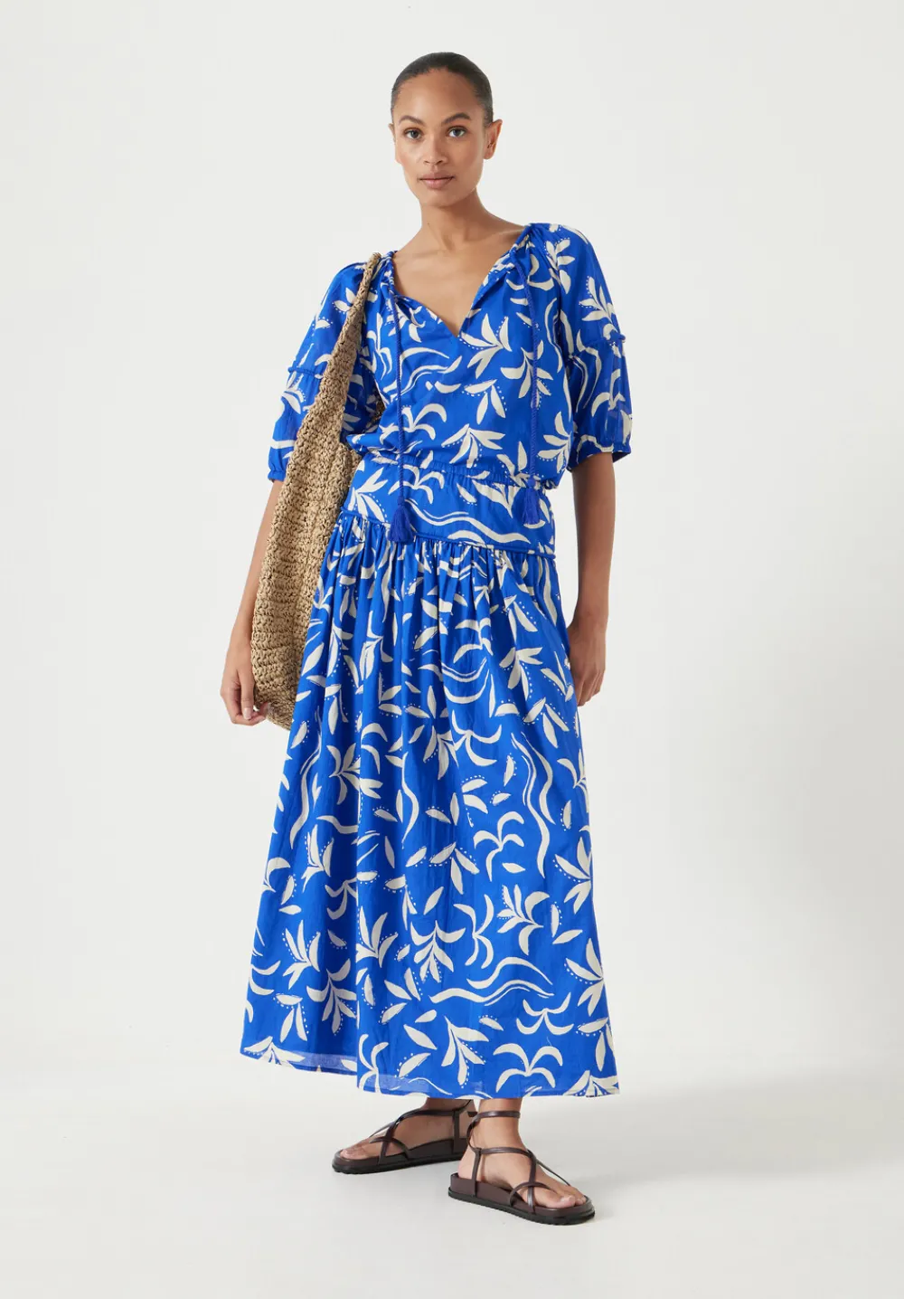 hush Tops & T-Shirts|Shirts & Blouses|Printed Cotton Balloon Sleeve Blouse Abstract Palm Blue