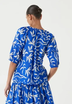 hush Tops & T-Shirts|Shirts & Blouses|Printed Cotton Balloon Sleeve Blouse Abstract Palm Blue