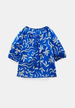 hush Tops & T-Shirts|Shirts & Blouses|Printed Cotton Balloon Sleeve Blouse Abstract Palm Blue