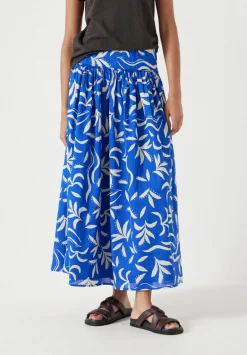 hush Skirts|Printed Gathered Detail Cotton Skirt Abstract Palm Blue