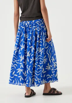 hush Skirts|Printed Gathered Detail Cotton Skirt Abstract Palm Blue