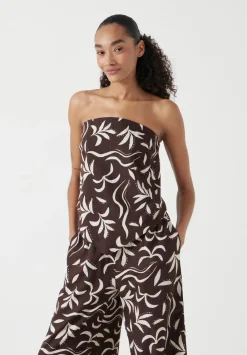 hush Tops & T-Shirts|Printed Linen Blend Bandeau Top Palm Print Chocolate