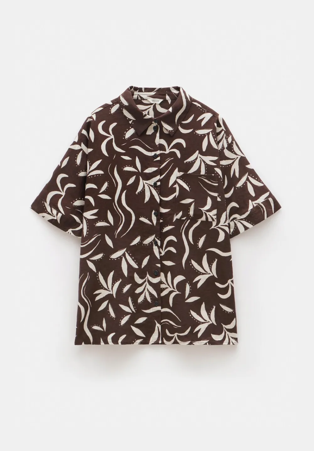 hush Tops & T-Shirts|Shirts & Blouses|Printed Linen Blend Shirt Palm Print Chocolate