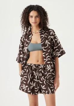 hush Tops & T-Shirts|Shirts & Blouses|Printed Linen Blend Shirt Palm Print Chocolate
