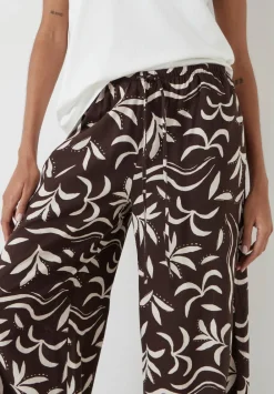 hush Trousers|Printed Linen Blend Trouser Palm Print Chocolate