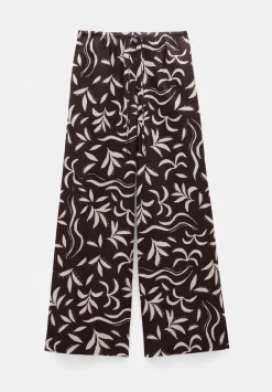 hush Trousers|Printed Linen Blend Trouser Palm Print Chocolate