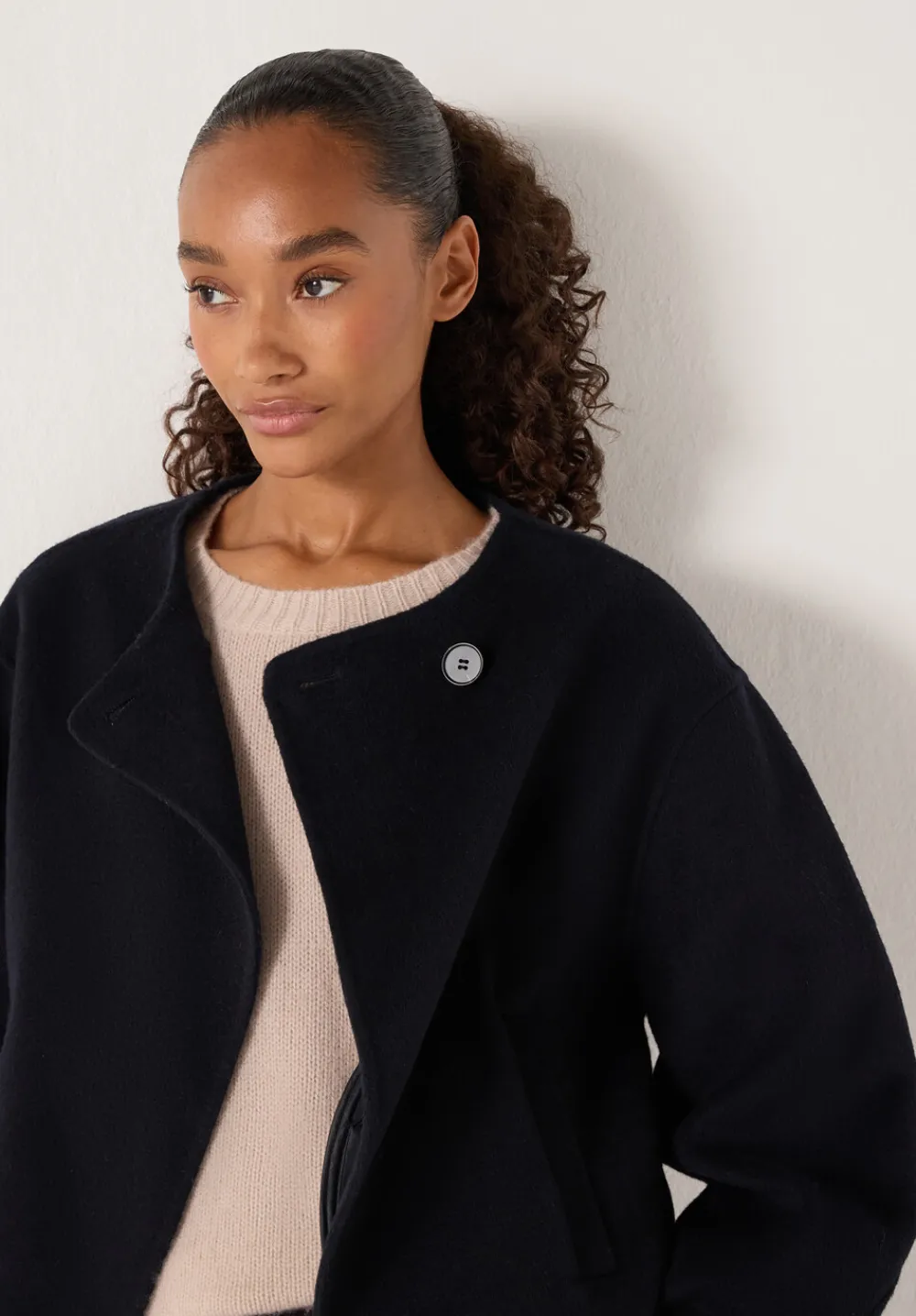 hush Jackets & Coats|Pure Wool Double Faced Collarless Jacket Dark Navy