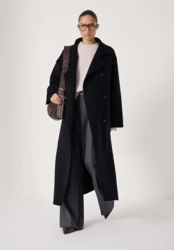hush Jackets & Coats|Pure Wool Double Faced Funnel Neck Belted Coat Dark Navy