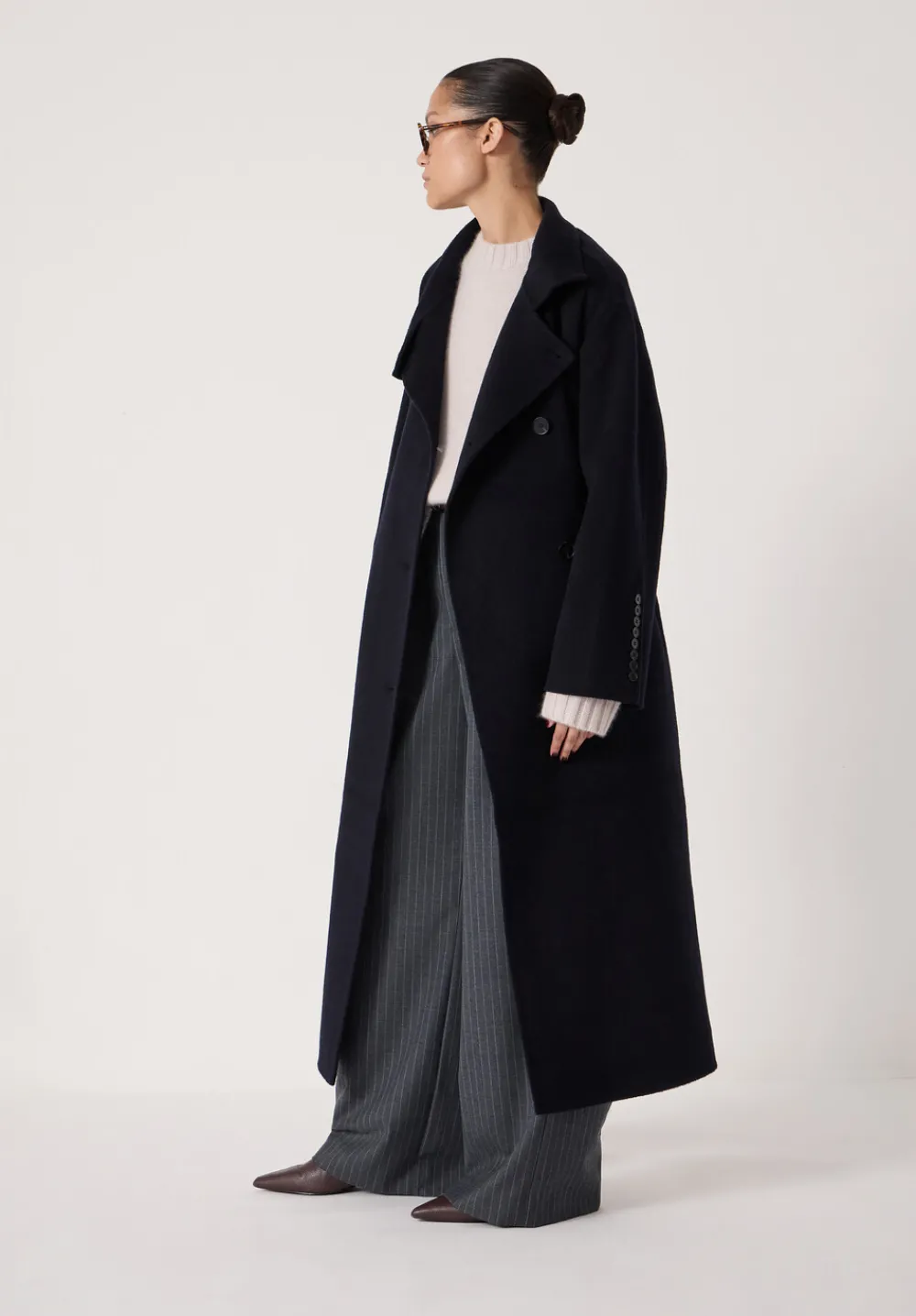 hush Jackets & Coats|Pure Wool Double Faced Funnel Neck Belted Coat Dark Navy