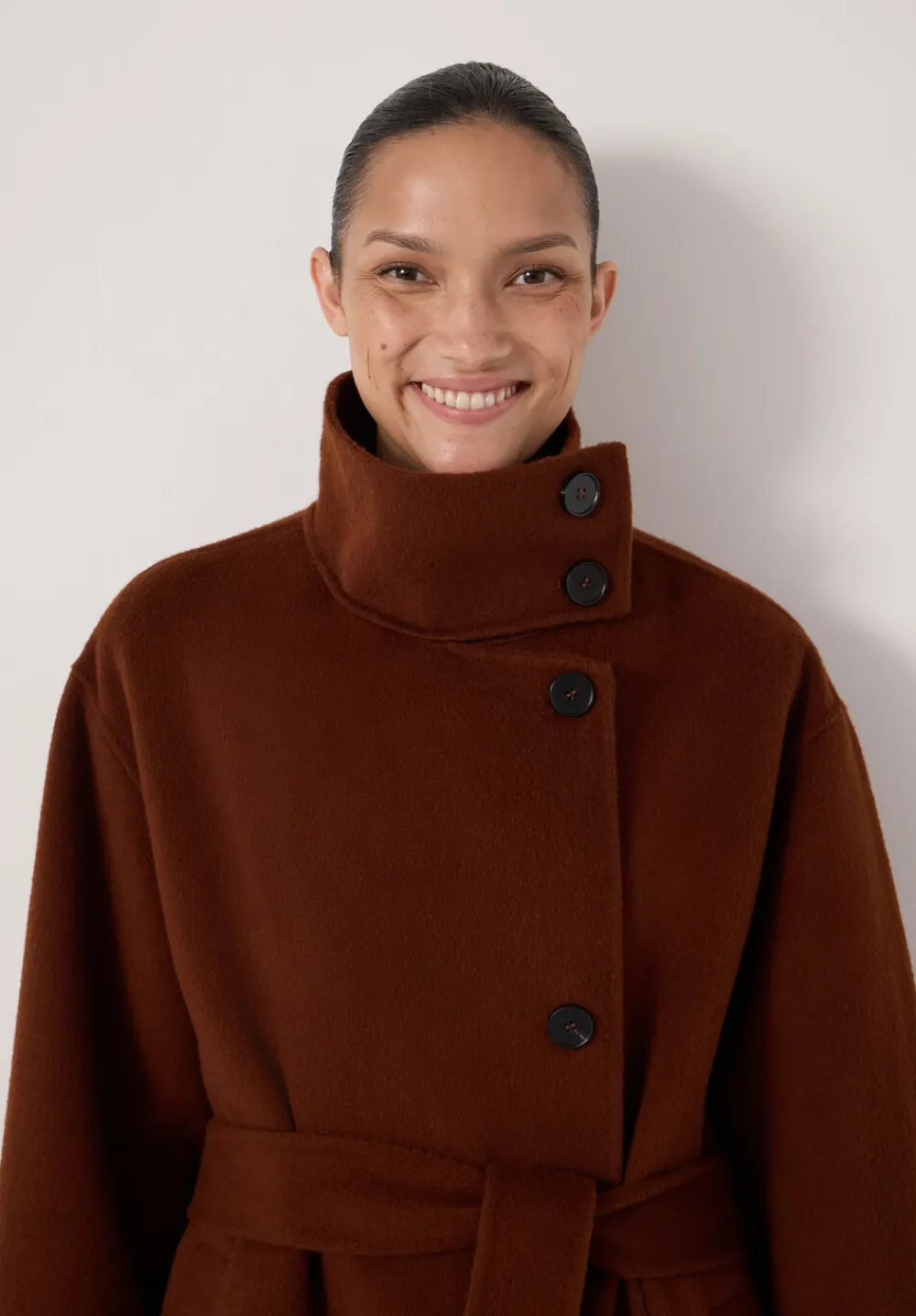 hush Jackets & Coats|Pure Wool Double Faced Funnel Neck Belted Coat Toffee Brown