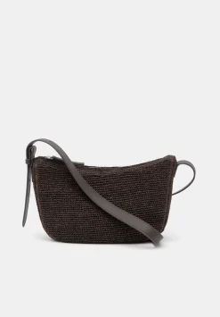 hush Bags|Raffia Crossbody Bag with Leather Strap Chocolate brown
