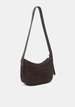 hush Bags|Raffia Crossbody Bag with Leather Strap Chocolate brown