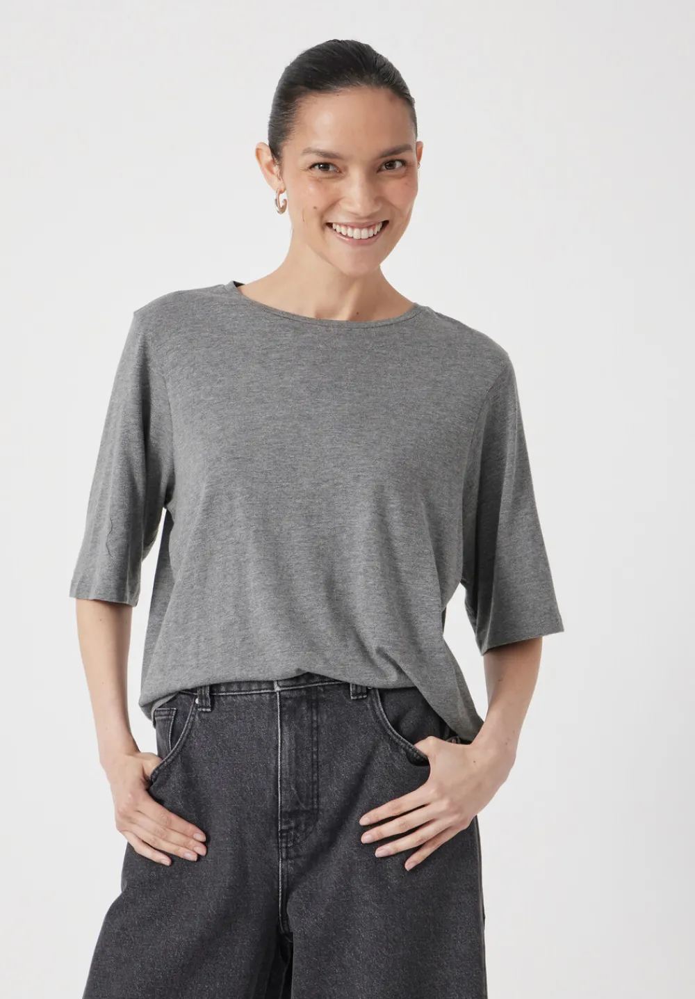 hush Tops & T-Shirts|Reece Drapey T-Shirt Mid Grey Marl