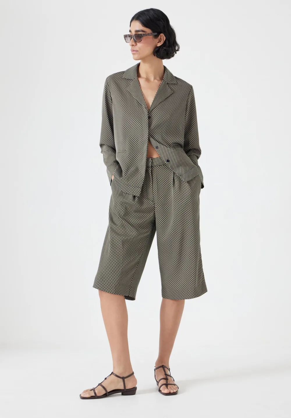 hush Shirts & Blouses|Revere Collar Long Sleeve Shirt Green Mini Geo