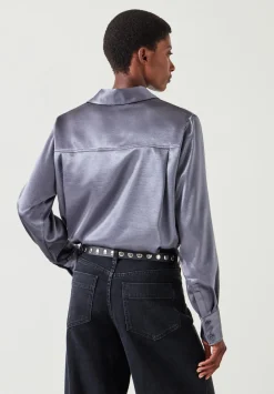 hush Shirts & Blouses|Rita Satin Shirt Gunmetal Silver