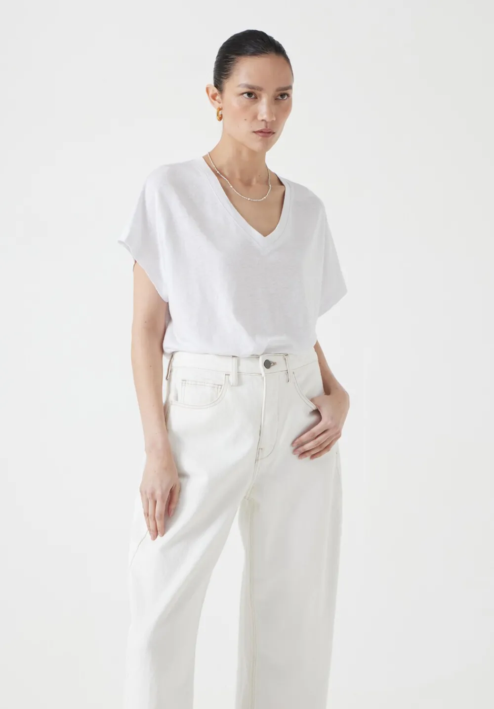 hush Tops & T-Shirts|Rosalia Linen Blend V Neck T-Shirt White