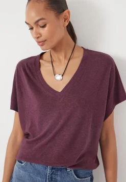 hush Tops & T-Shirts|Rosalia Linen Blend V Neck T-Shirt Burgundy Red